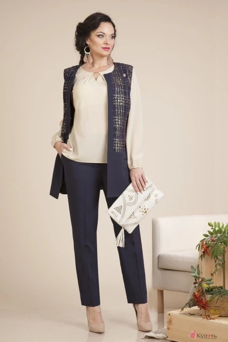 Брючный костюм Лилиана 584В синий/беж #1