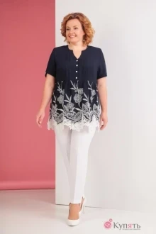 Брючный костюм Ksenia Style 1526 с белыми брюками+темно-синий