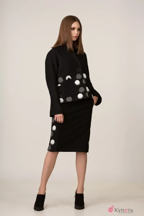 Юбочный костюм Rosheli 607 черный в серо-белый горох #1