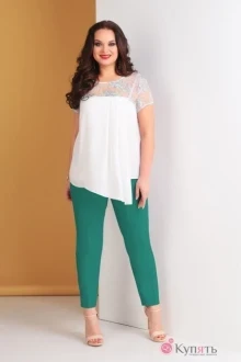 Брючный костюм Ksenia Style 1636 зеленый+молочный