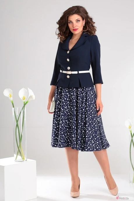 Юбочный костюм Мода-Юрс 2136-1 тёмно-синий+крупный горох #1