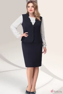 Юбочный костюм LeNata 31922 тёмно-синий с белой блузой в синий горошек