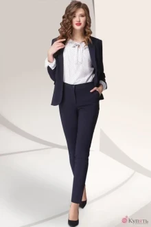 Брючный костюм LeNata 32796 синий с белой блузой в синий горох
