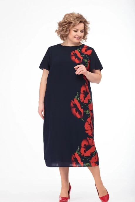Платье из вискозы Anelli 509 темно-синий+красные цветы #1