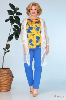 Брючный костюм Anastasia 591 молочный-ярко синий-светлая горчица тройка