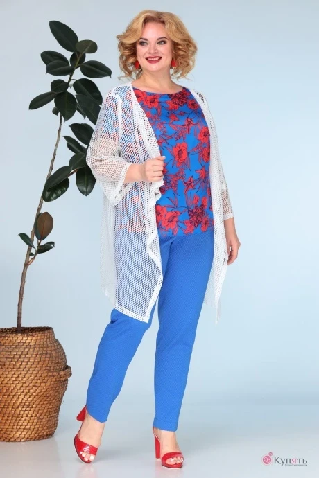 Брючный костюм Anastasia 591 молочный-ярко-синий- синий тройка #1