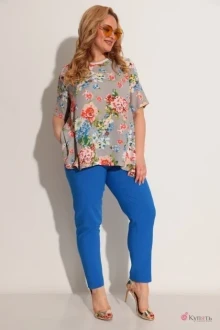 Брючный костюм Michel Chic 1234 цветочный принт, синий