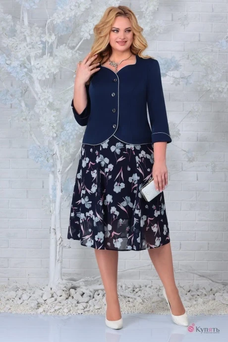 Юбочный костюм Нинель Шик 5839 синие ирисы+синий #1
