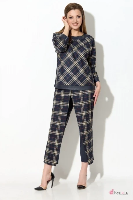 Брючный костюм Кокетка и К 861 синий+бежевая клетка #1