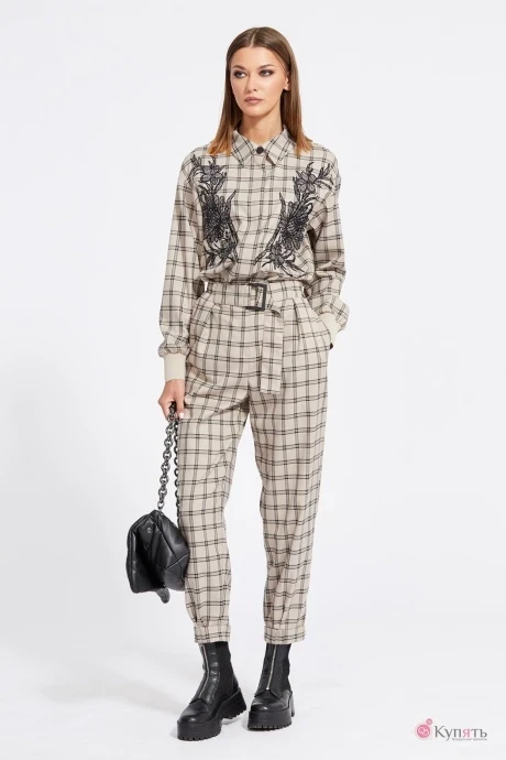 Брючный костюм EOLA 2110 клетка темно- бежевая с вышивкой #1