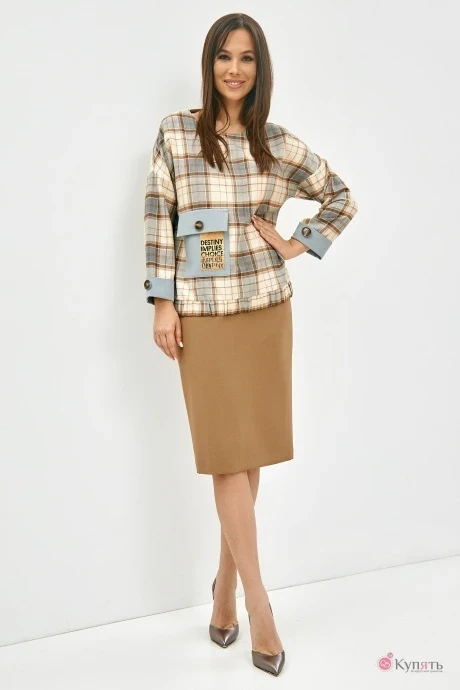 Юбочный костюм Магия Моды 1982 клетка+ темный беж #1