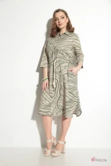 Платье *Распродажа Michel Chic 2050 бежевый в зеленый принт