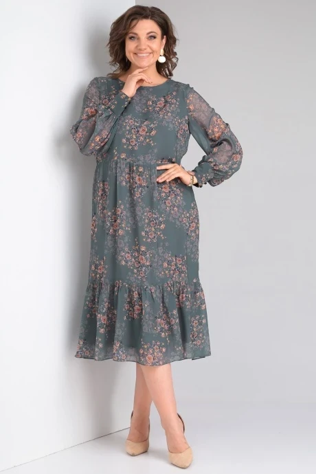 Платье YOUR SIZE 2200 Цветы на серо-зеленом #1