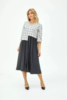 Платье NikVa н377-2 лиф-клетка, молоко+голубой,юбка-графит