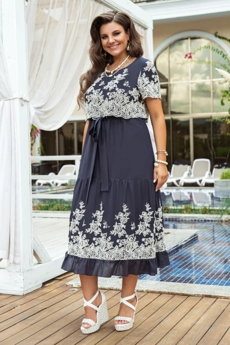 Длинное хлопковое платье Vittoria Queen 20983 т.синий+молочный #1