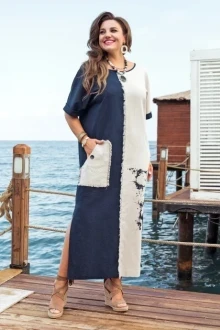 Льняное платье Vittoria Queen 20643 т.синий+молочный