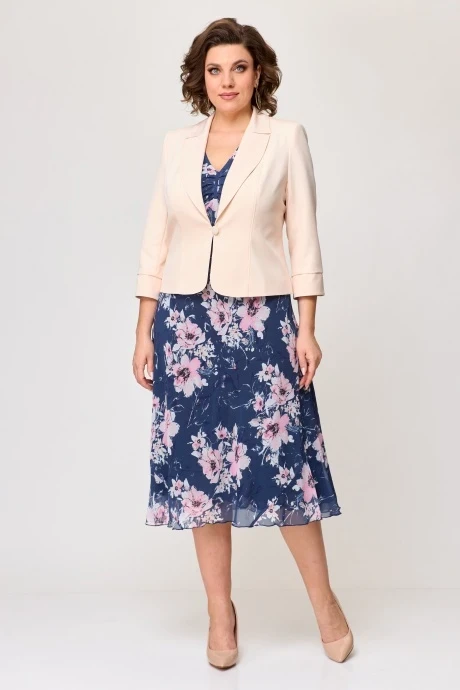 Костюм с платьем СлавияЭлит 166 двойка синее + магнолии, жакет пудровый #1