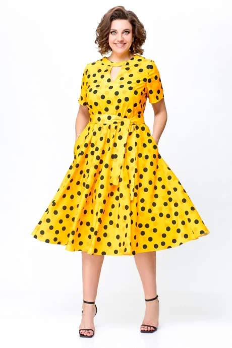 Платье из вискозы Swallow 738 Солнечно-желтый в черный и грушевый горошек #1