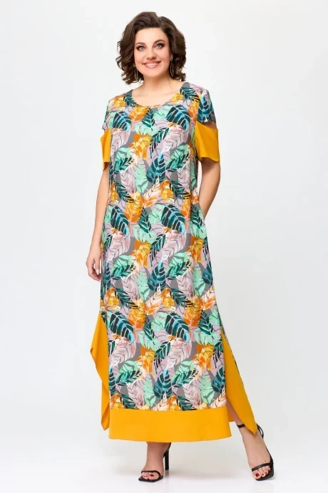 Хлопковое платье с принтом Svetlana-Style 1940 листики +горчица #1