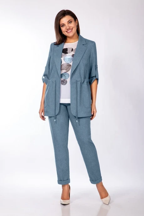 Брючный костюм тройка Ольга Стиль 748/1 серая бирюза #1