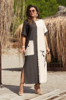 Льняное платье Vittoria Queen 20643/1 серо-бежевый+молочный