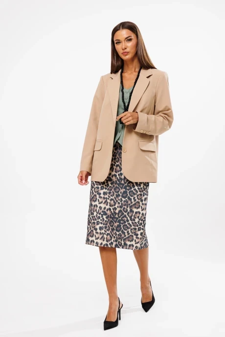 Юбочный костюм Ларс Стиль 971 бежевый, олива, принт бежево-черных оттенков #1