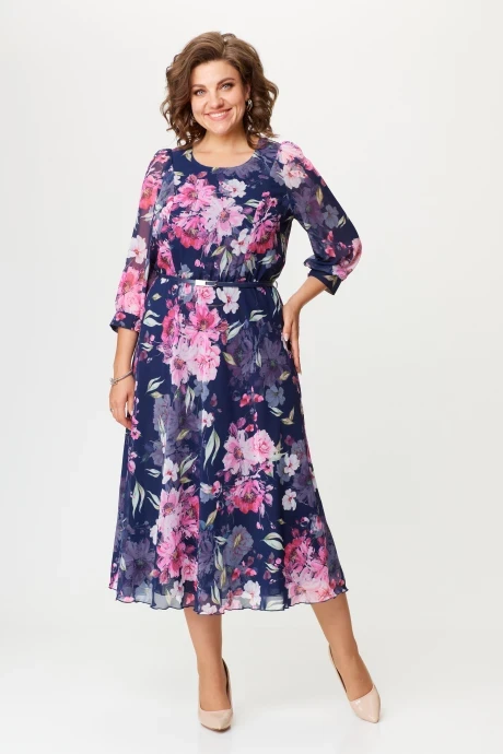 Платье СлавияЭлит 534-1 синий + розовые цветы #1