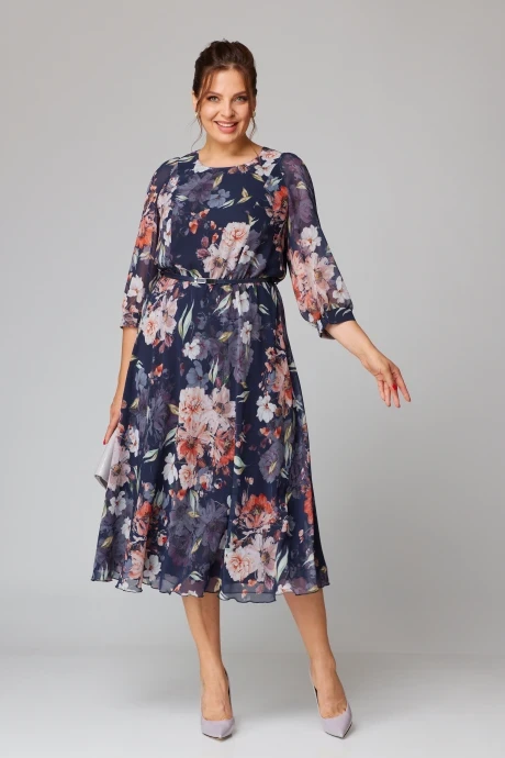 Платье СлавияЭлит 534-1 синий + пудра цветы #1
