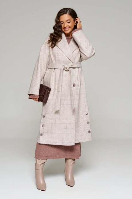 Драповое пальто Beautiful&Free 6224 бежевый+клетка #1