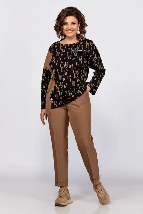 Брючный костюм Ольга Стиль 862 черный-карамель #1