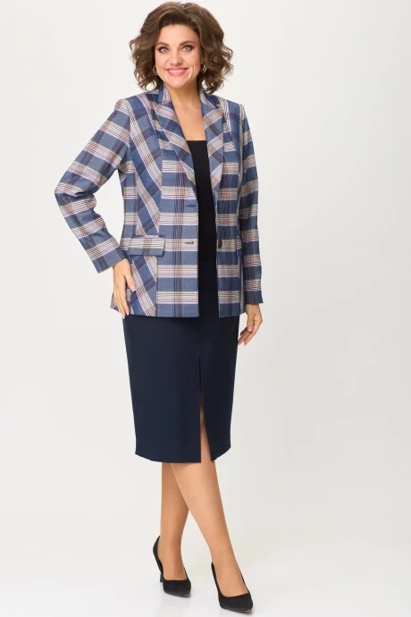 Юбочный костюм БелЭльСтиль 412+597 бело-синяя клетка + синий однотон #1