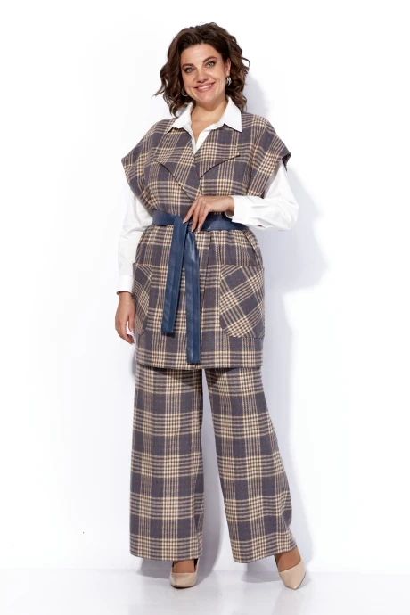 Брючный костюм Anastasia 1172 песочный-деним (клетка) двойка #1