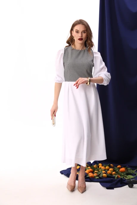 Вечернее платье с шифоном NikVa 416-8 белый/черно-белый гусь лапка #1