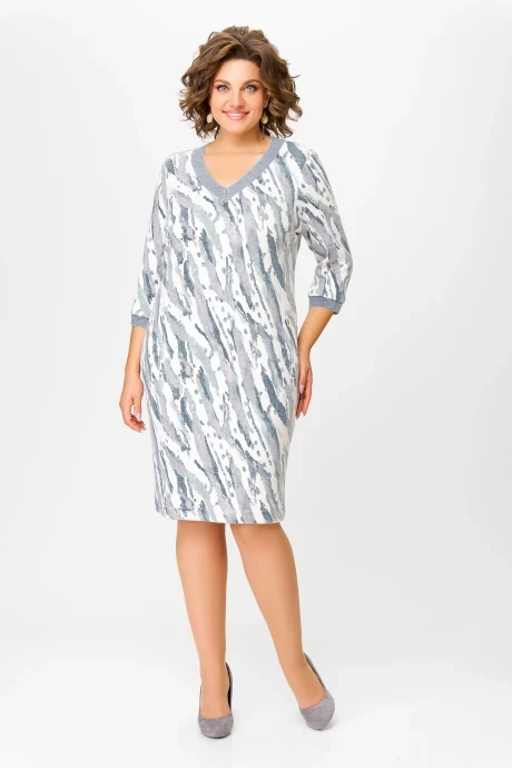 Платье *Распродажа Swallow 782.1 Молочный в серо-голубой принт #1
