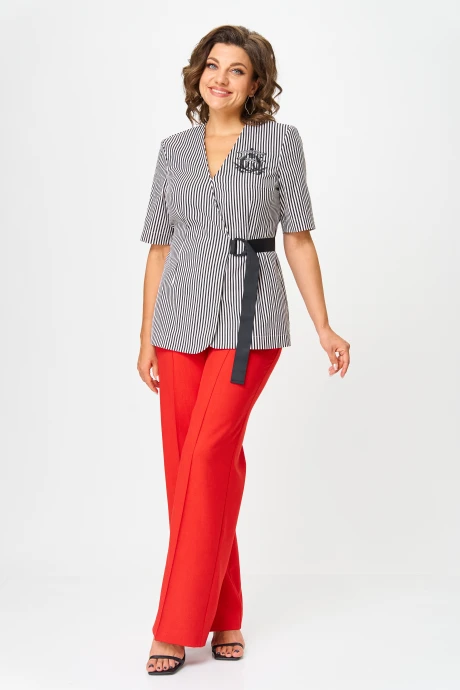 Брючный костюм Орхидея Люкс 1572 Черно-белая полоска, красный двойка #1