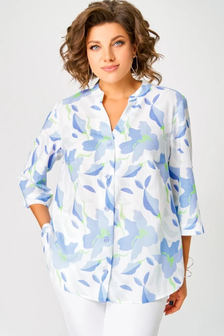 Блузка Swallow 852 Белый, принт_голубые _цветы #1