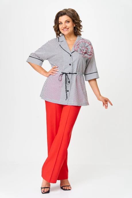Брючный костюм Орхидея Люкс 1580 Черно-белый_горошек, красный двойка #1