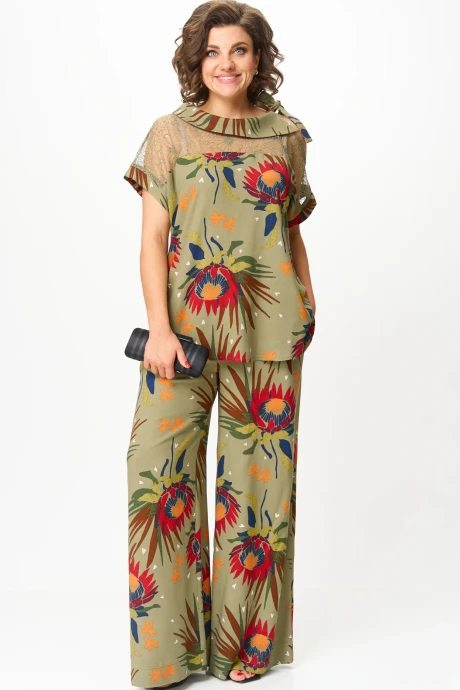 Брючный костюм Michel Chic 1426 хаки_цветы двойка #1