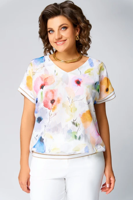 Блузка *Распродажа Swallow 857 Молочный, принт «акварельные цветы» #1