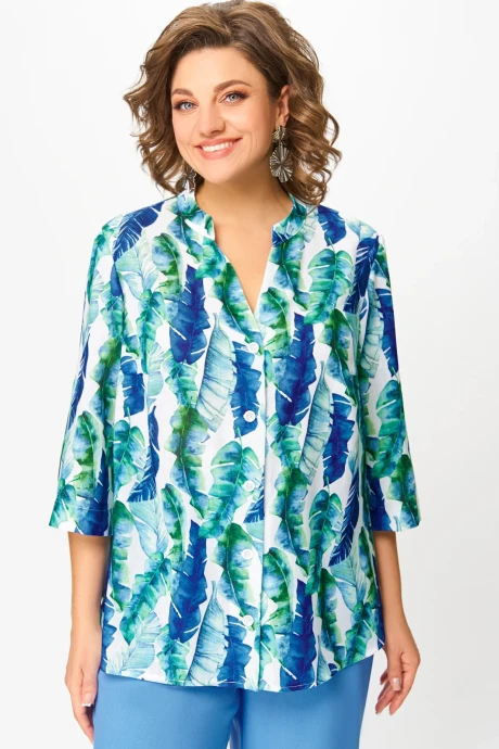 Блузка Swallow 852.2 Молочный, принт «сине-зелёные_листья» #1