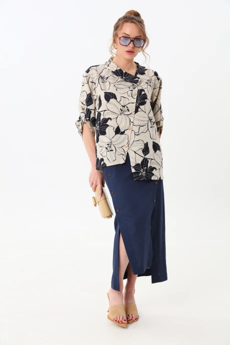 Юбочный костюм NikVa 975-1 индиго_сине-песочные_лилии двойка #1