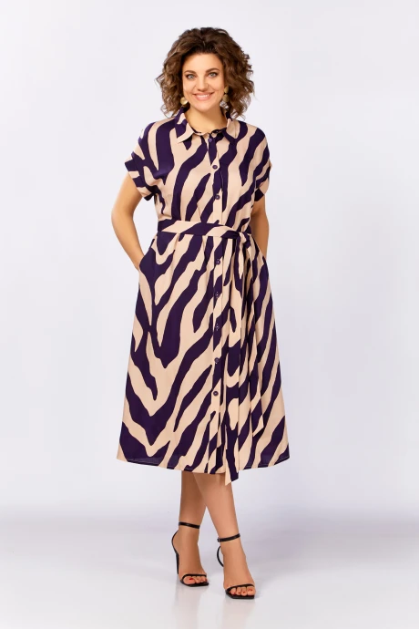 Платье Swallow 740.2 Нежно-кремовый в тёмно-фиолетовый принт #1