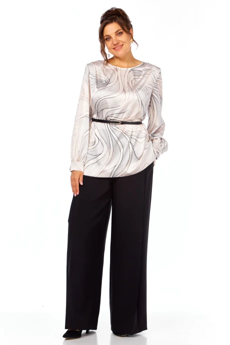Брючный костюм Элль-стиль 2397 двойка молочный принт, брюки черный #1