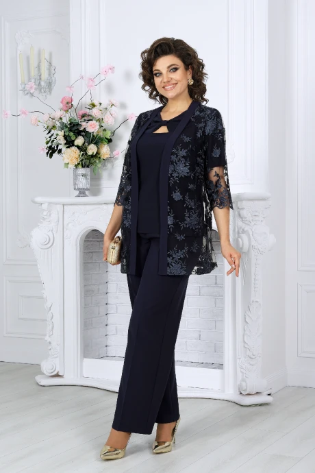 Брючный костюм Нинель Шик 7498 синий тройка #1