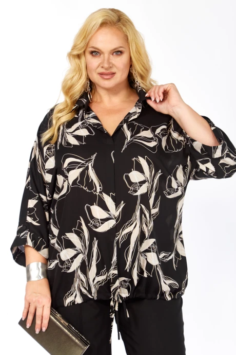 Блузка Элль-стиль 2416 а черный+принт цветы #1