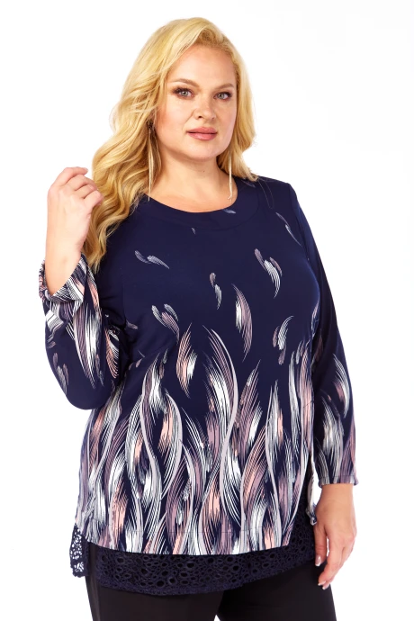 Блузка Abbi 4067 темно-синие тона с принтом «акварель» и кружевом #1