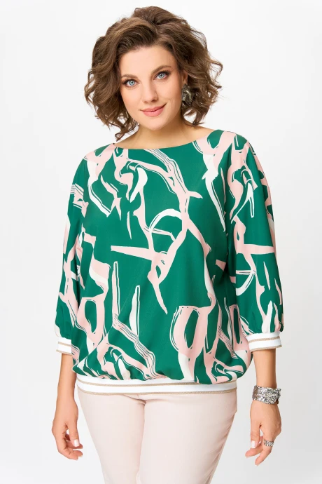 Блузка Swallow 872 Изумрудно-зелёный в бежево-молочный принт #1