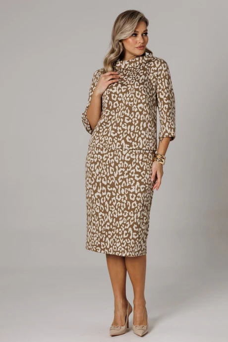 Юбочный костюм Anastasia 1303 кофейный (анималистический принт) двойка #1