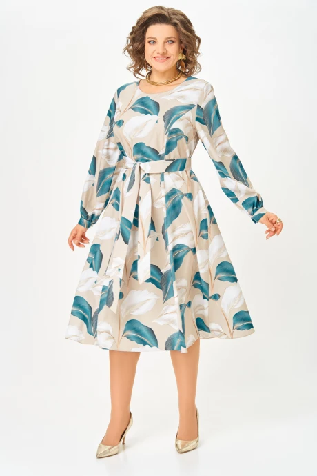 Платье Swallow 885.2 Бежевый принт «ярко-голубые и белые листья» #1