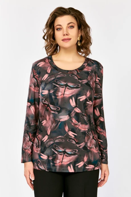 Блузка Swallow 878.1 Тёмно-коричневый, принт «коралловые стрекозы» #1